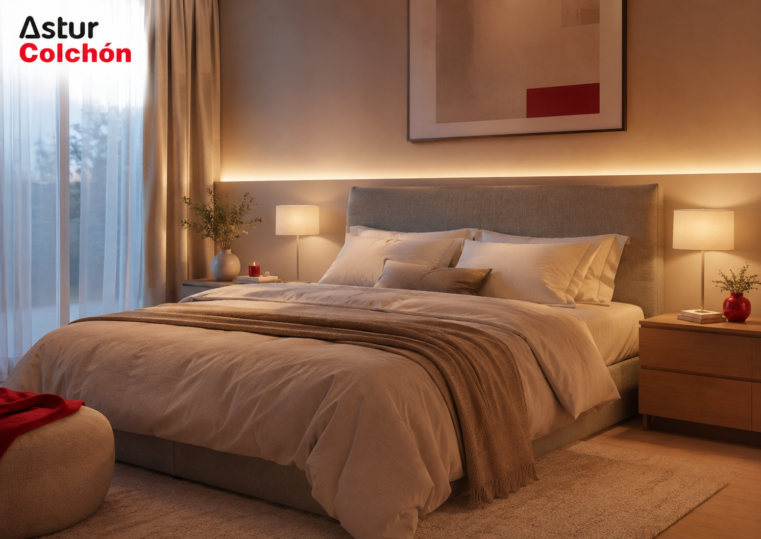 Dormitorio moderno con luz cálida y cama confortable para favorecer un descanso renovador